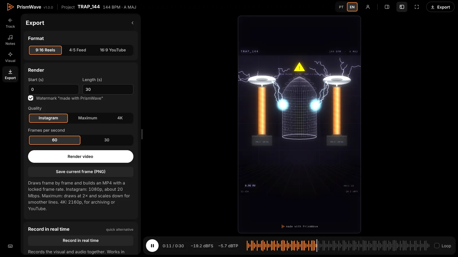 The Export tab in PrismWave with format, quality and frames per second