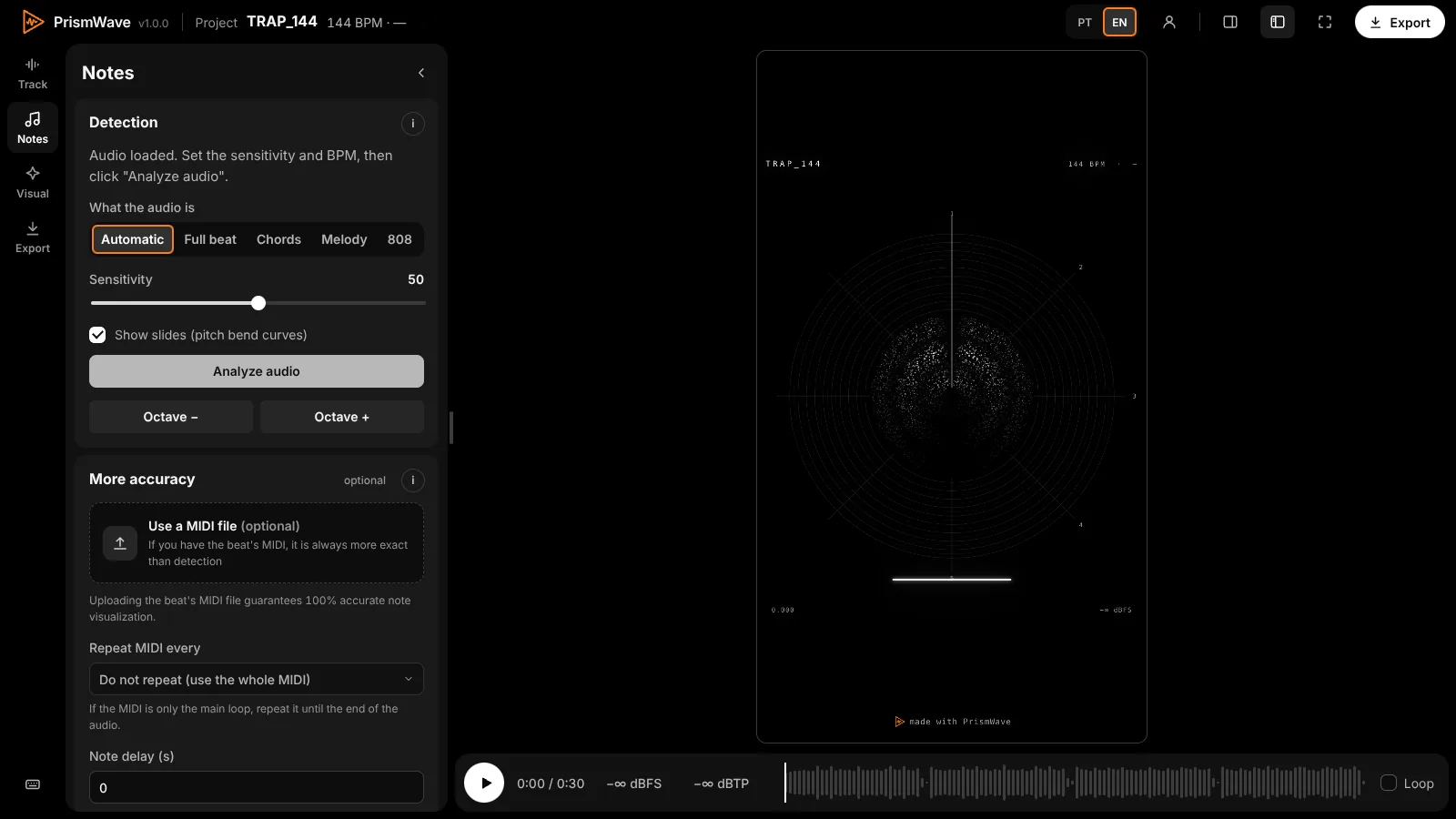The Notes tab in PrismWave with detection modes and sensitivity