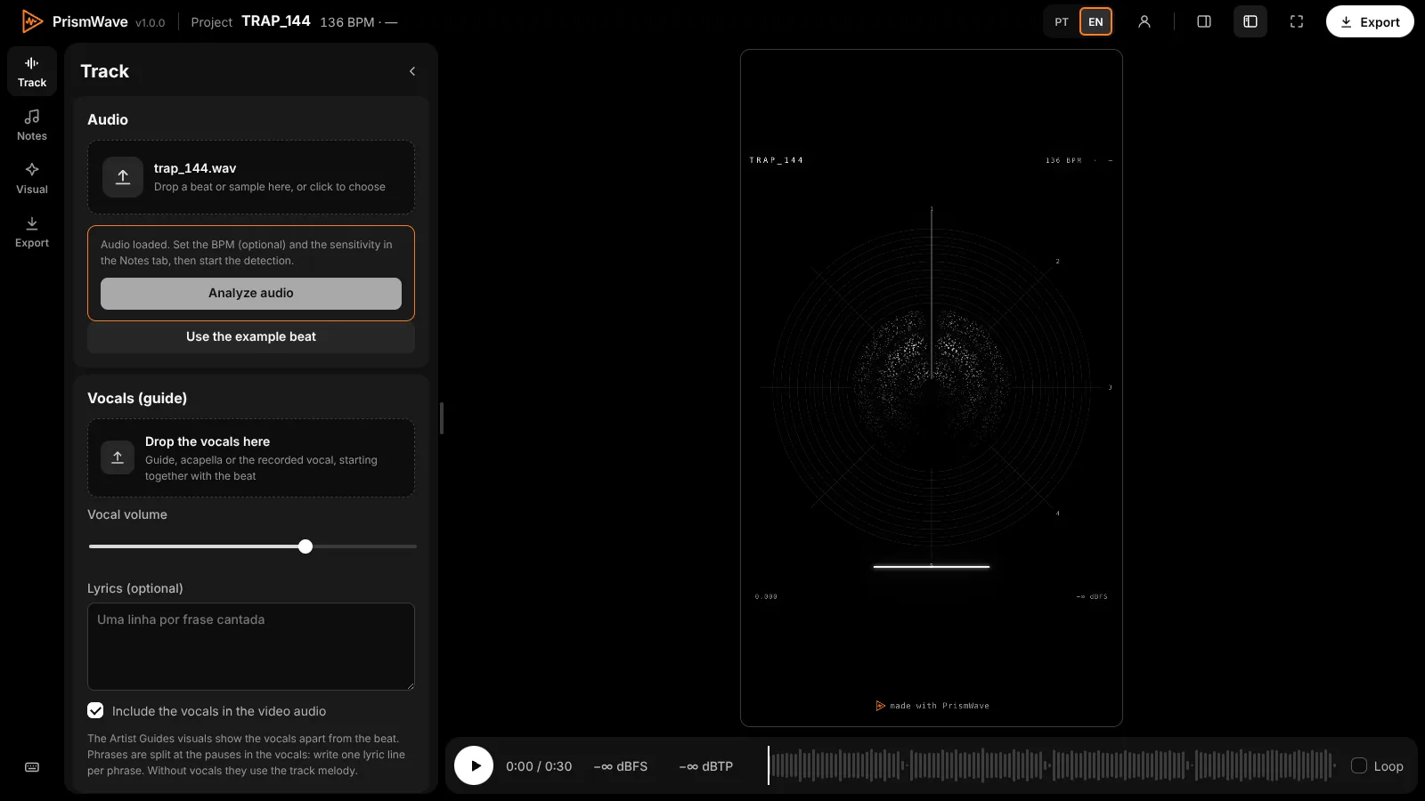 The Track tab in PrismWave with the audio field, guide vocal and lyrics
