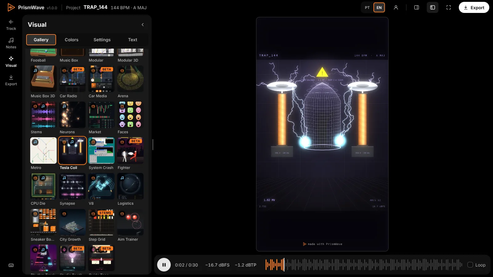 The PrismWave visual gallery with Tesla Coil selected