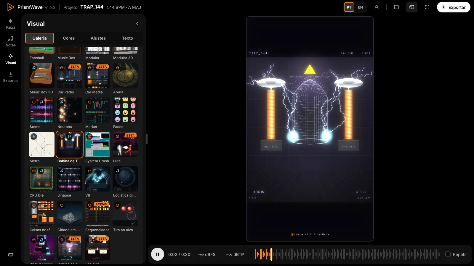 Galeria de visuais do PrismWave com a Bobina de Tesla selecionada